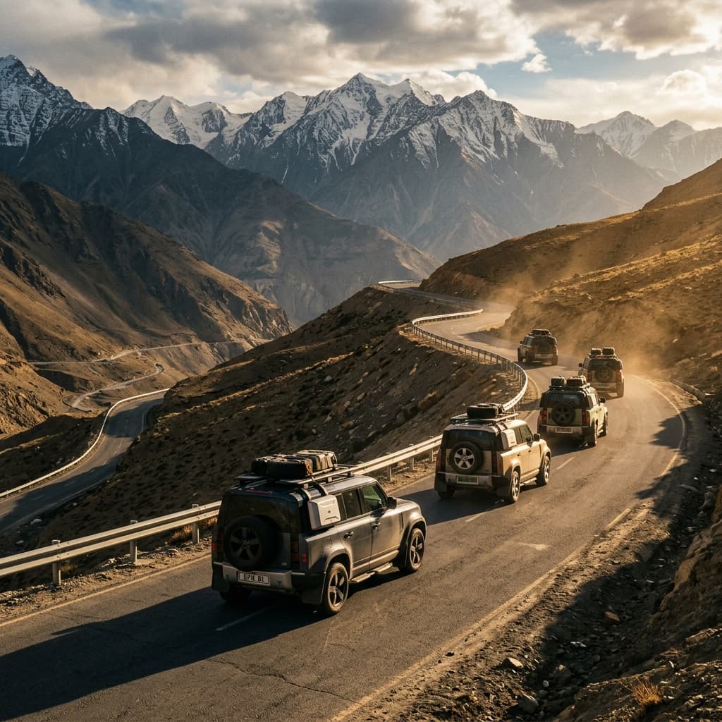 Defender convoy curving along a glacial lake mountain road, lead vehicle marked EPIC 01