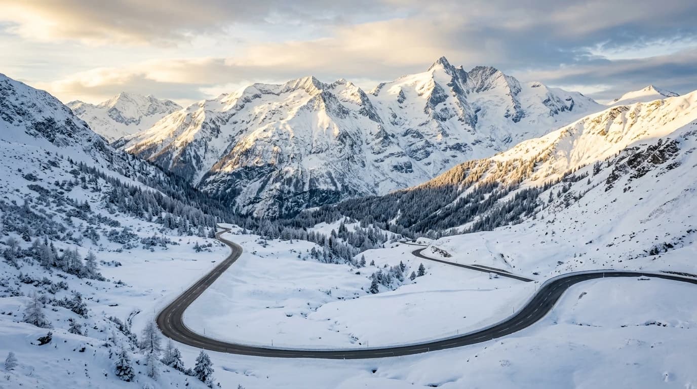 Epic Road Trips convoy navigating the Great Alps in winter